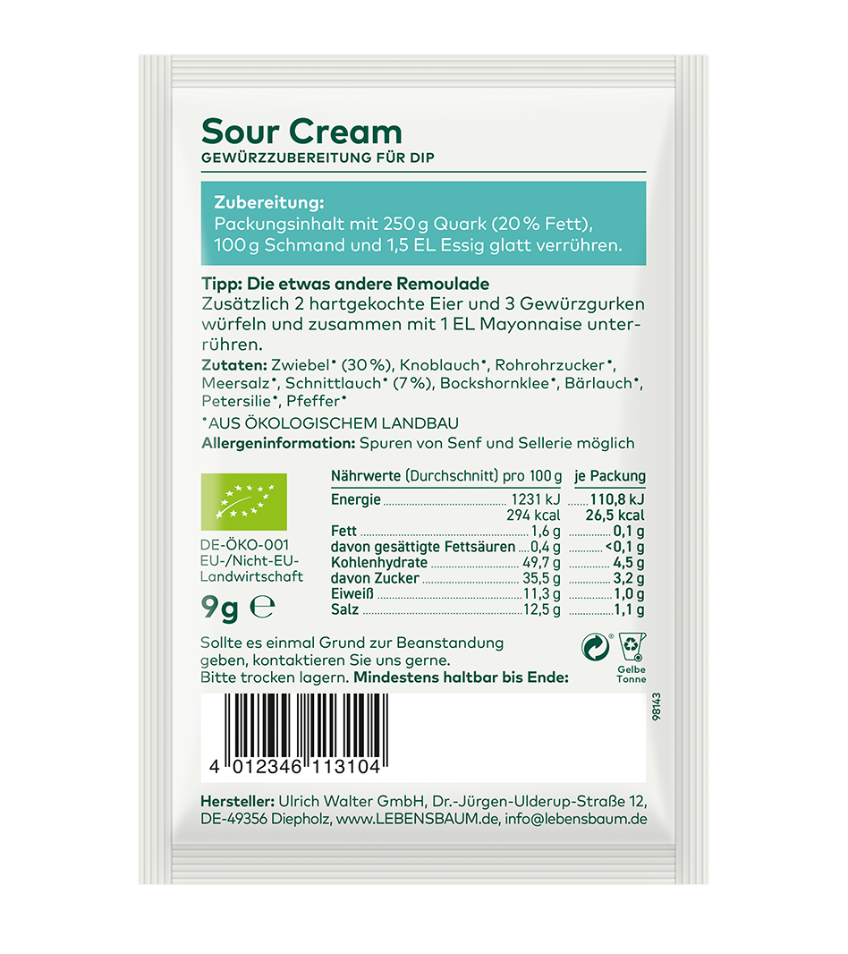 Sour Cream Gewürzzubereitung für Dip, Bio-Würzmischung mit Zwiebel, Knoblauch und Kräutern in 9g Sachverpackung.
