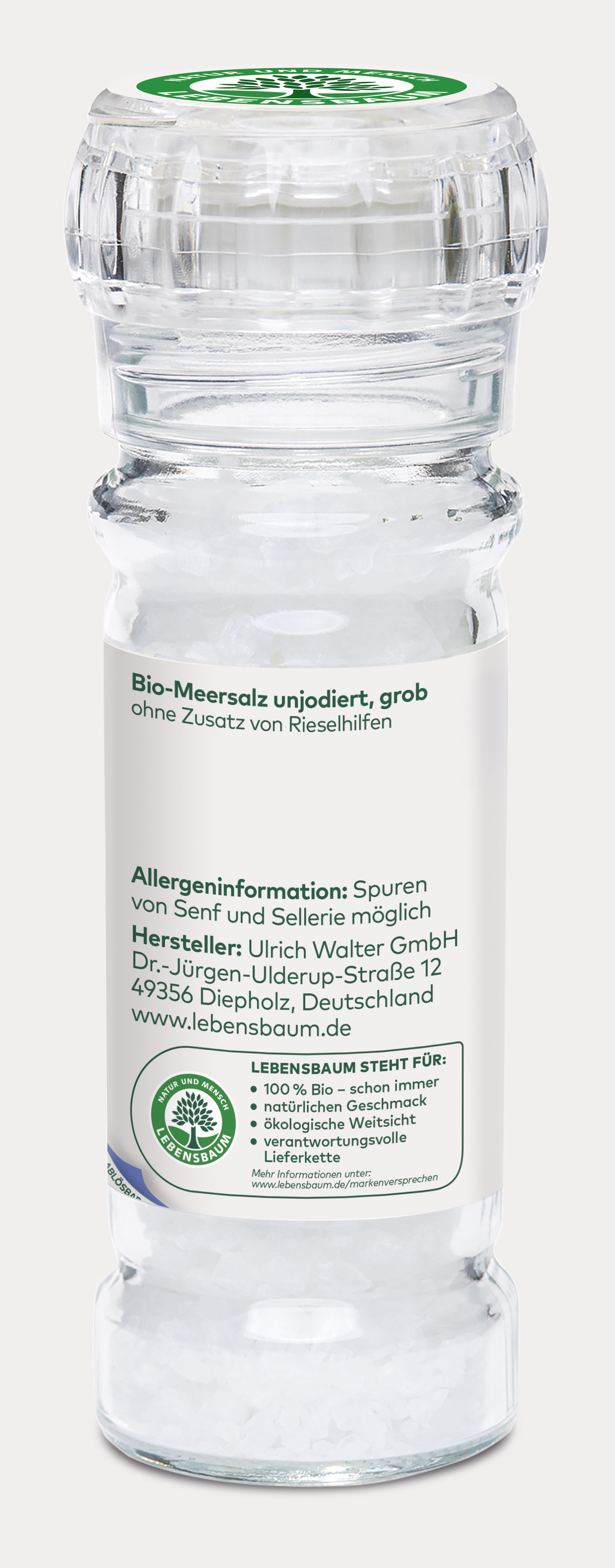 Bio-Meersalz unjodiert, grob, in Glaskristallmühle mit grünem Deckel und Lebensbaum-Etikett