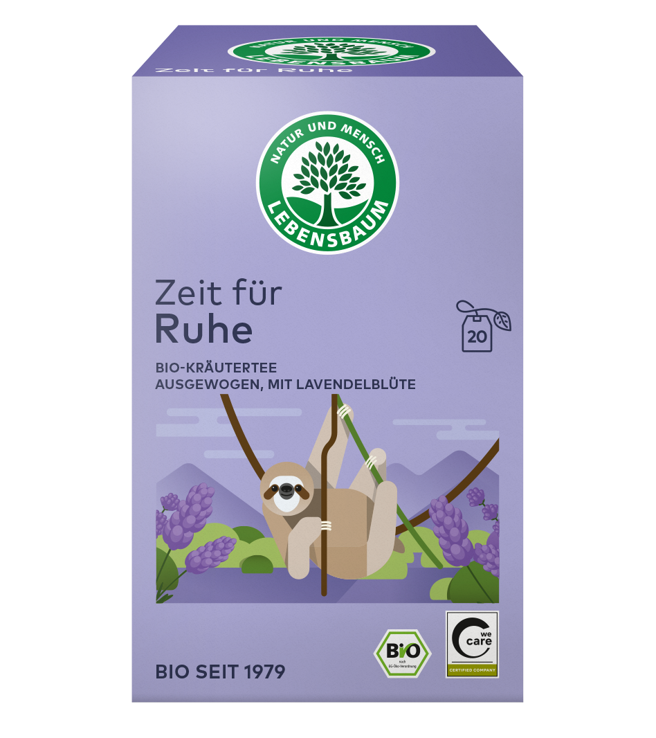 Lebensbaum Zeit für Ruhe Bio-Kräutertee mit Lavendelblüte, lila Verpackung, 20 Teebeutel, Bio-zertifiziert