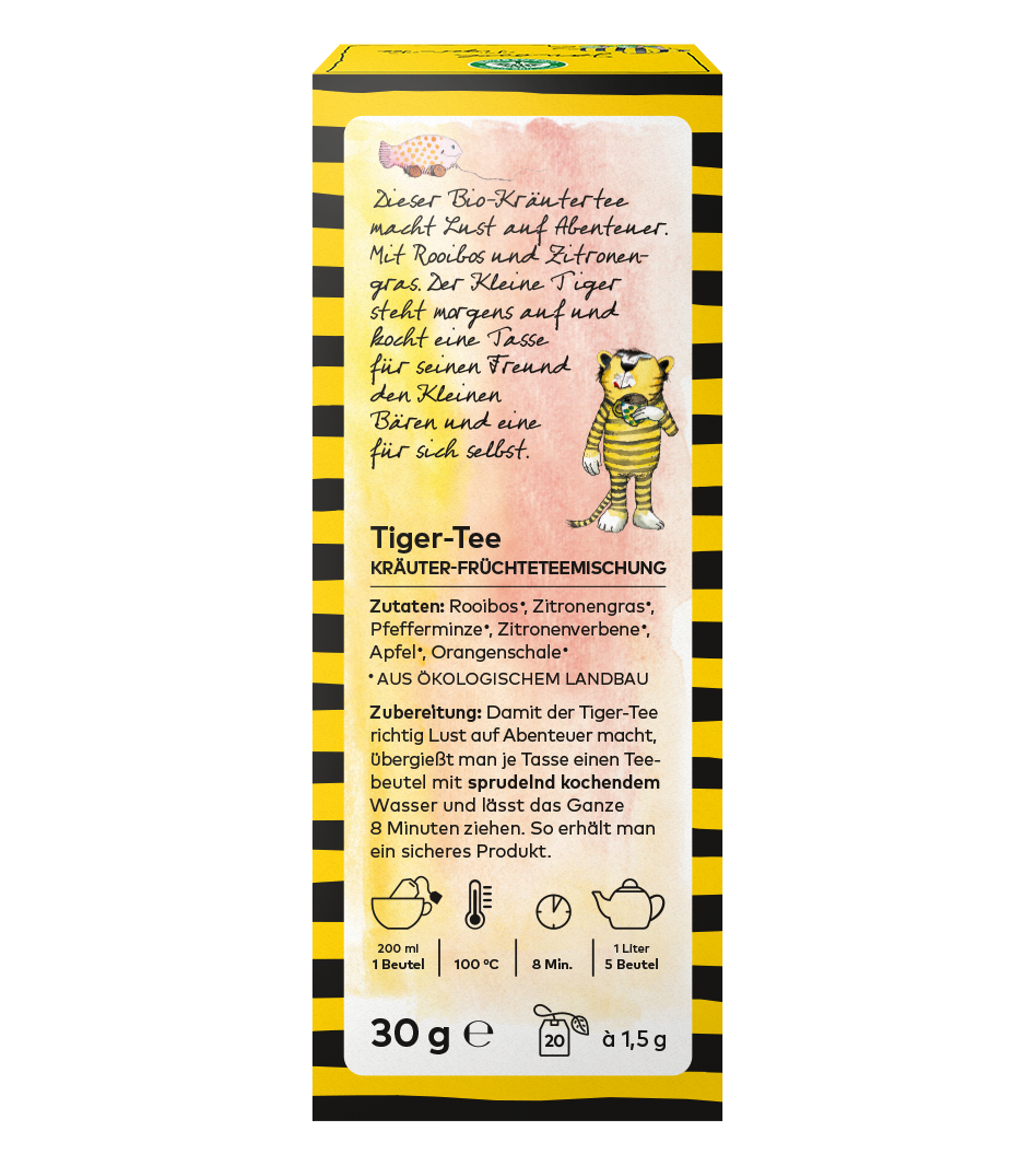 Tiger-Tee Bio-Kräuter-Früchtemischung, 30g Packung mit gelb-schwarzem Streifenmuster und Tigermotiv, Rooibos und Zitronengras, 20 Teebeutel à 1,5g