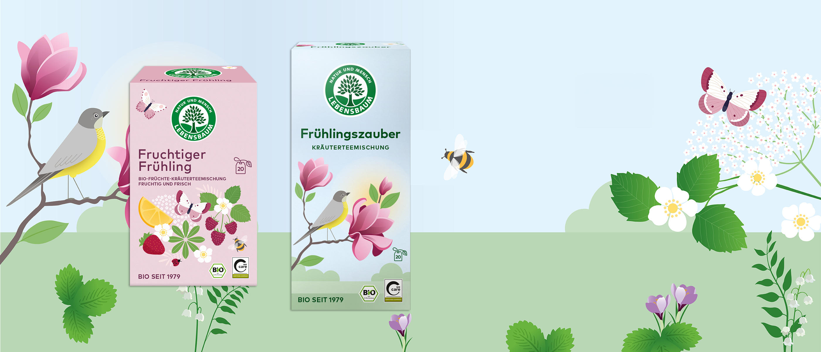 Frühjahrstee-Kollektion mit zwei Packungen „Fruchtiger Frühling" und „Frühlingszauber" von Lebensbaum auf grünem Hintergrund mit Blüten, Vögeln und Bienen