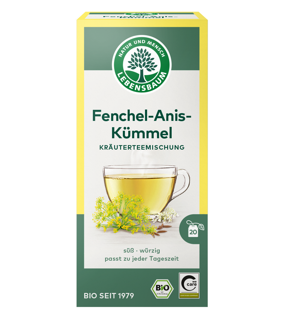 Lebensbaum Fenchel-Anis-Kümmel Kräuterteemischung, 20 Beutel, Bio-Qualität, grün-gelbe Packung mit Teetasse