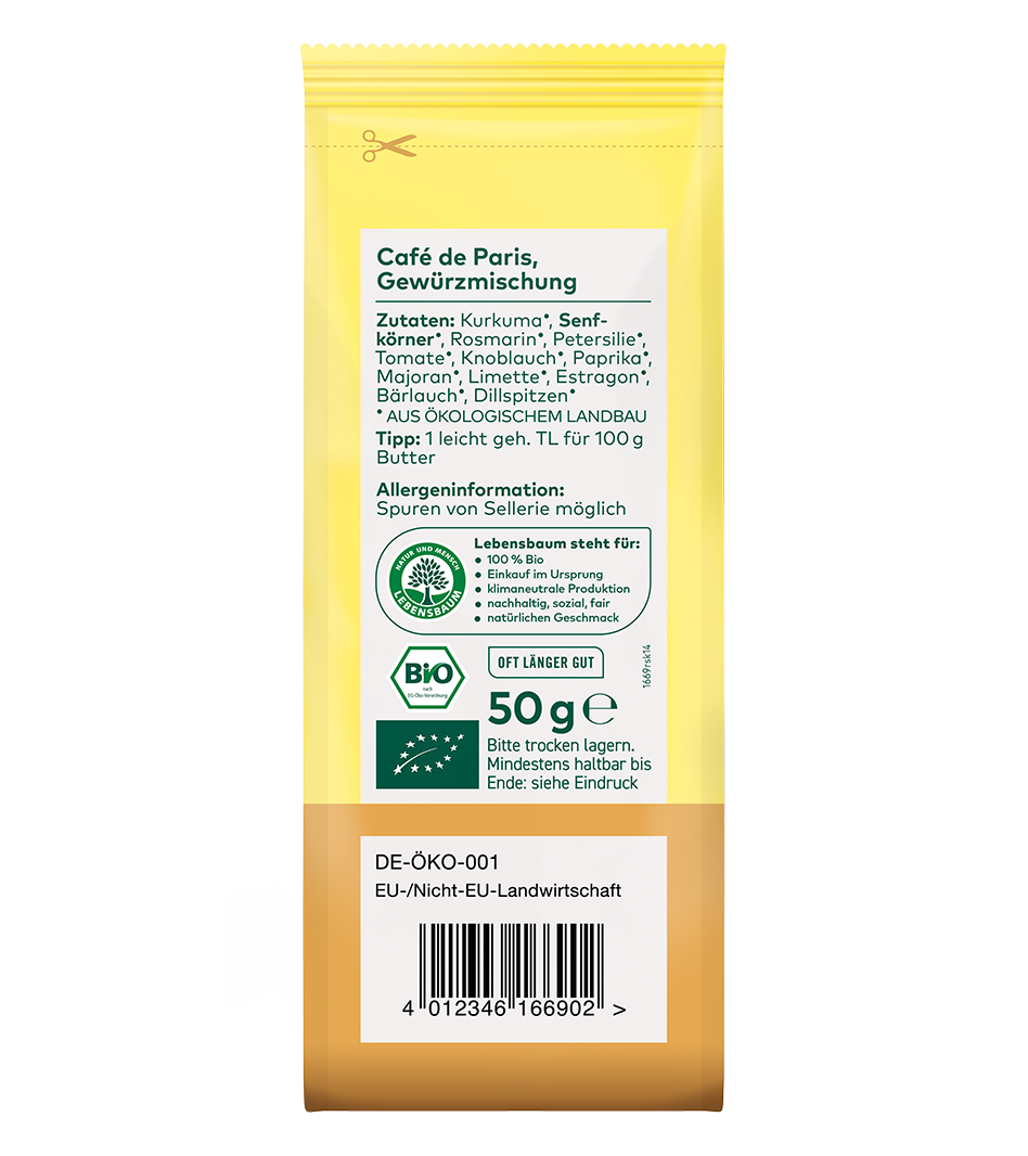 Café de Paris Gewürzmischung Bio, 50g Packung in Gelb mit Zutatenliste und Bio-Zertifikat, zum Würzen von Butter