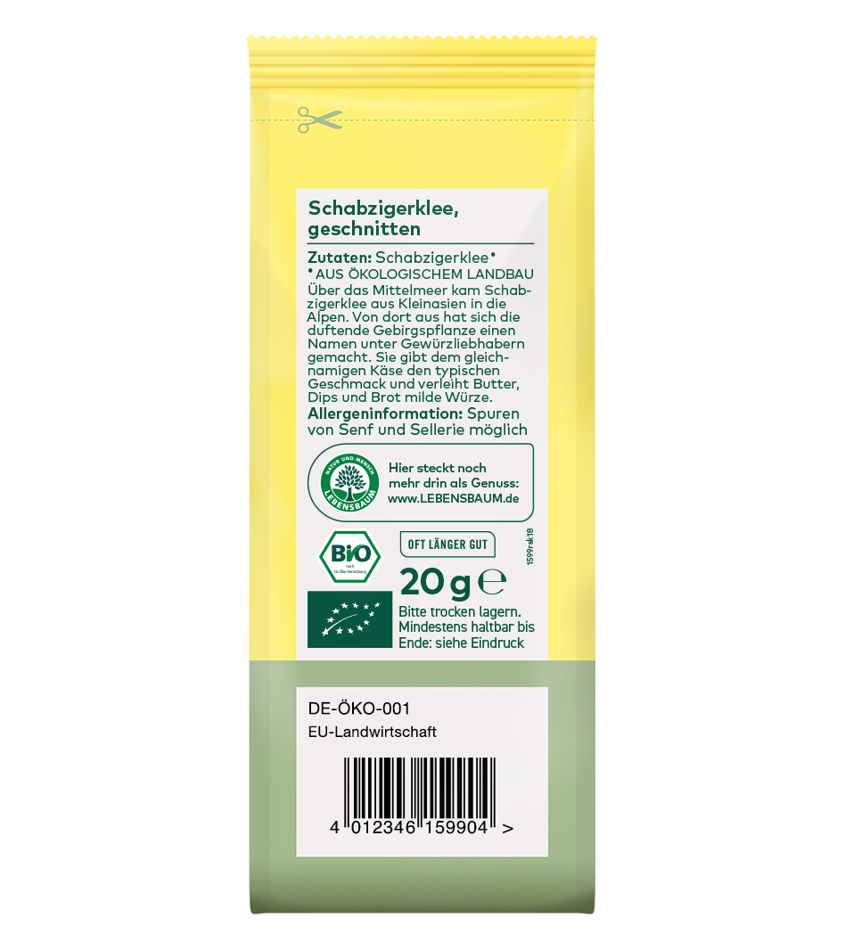 Schabzigerklee geschnitten, Bio, 20g Packung in Gelb-Grün mit Produktinformationen und EU-Öko-Zertifikat