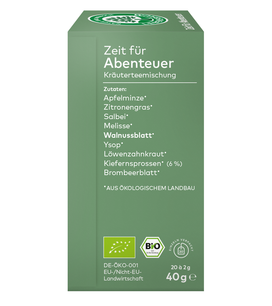 Zeit für Abenteuer Kräuterteemischung, Bio, 40g Packung mit Apfelminze, Zitronengras, Salbei und weiteren Kräutern aus ökologischem Anbau.