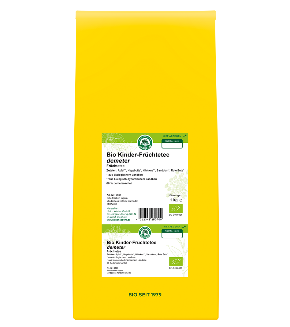 Bio Kinder-Früchtetee demeter, 1 kg Packung in Gelb mit grünem Label, Früchtetee aus ökologischem Anbau
