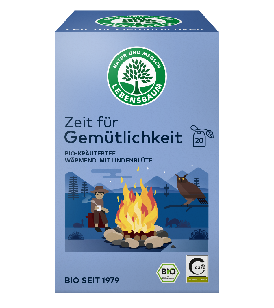 Bio-Kräutertee "Zeit für Gemütlichkeit" von Lebensbaum mit Lindenblüte, 20 Teebeutel, hellblaue Packung mit Lagerfeuer-Illustration