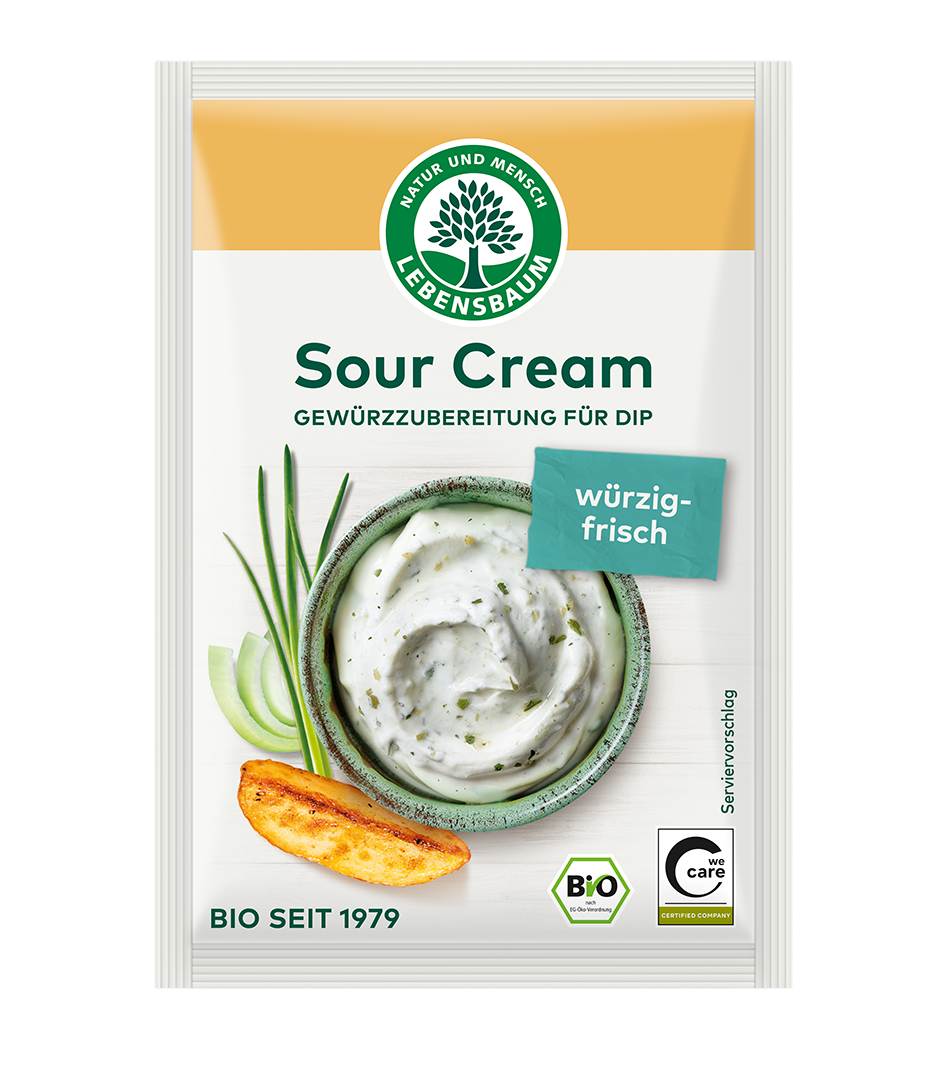 Lebensbaum Sour Cream Gewürzzubereitung für Dip, Bio, Pulverbeutel mit Schnittlauch und Kartoffelchip, würzig-frisch