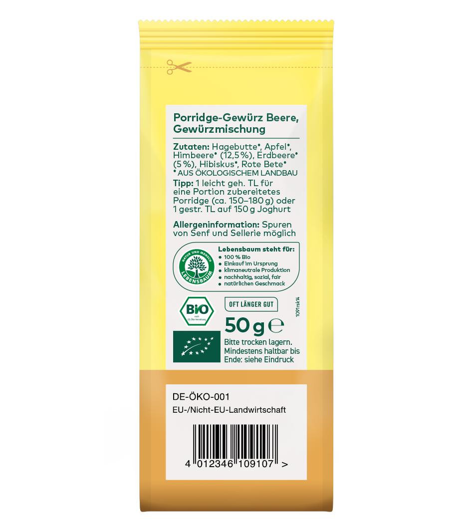 Bio Porridge-Gewürz Beere 50g Mischung mit Hagebutte, Apfel und Himbeere in gelber Verpackung mit Öko-Siegel.