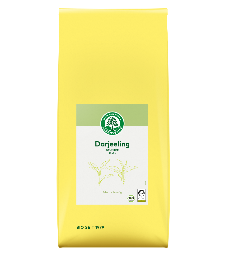 Darjeeling Grüntee Blatt von Lebensbaum, Bio-Verpackung in Gelb-Grün, frisch-blumig, 1kg