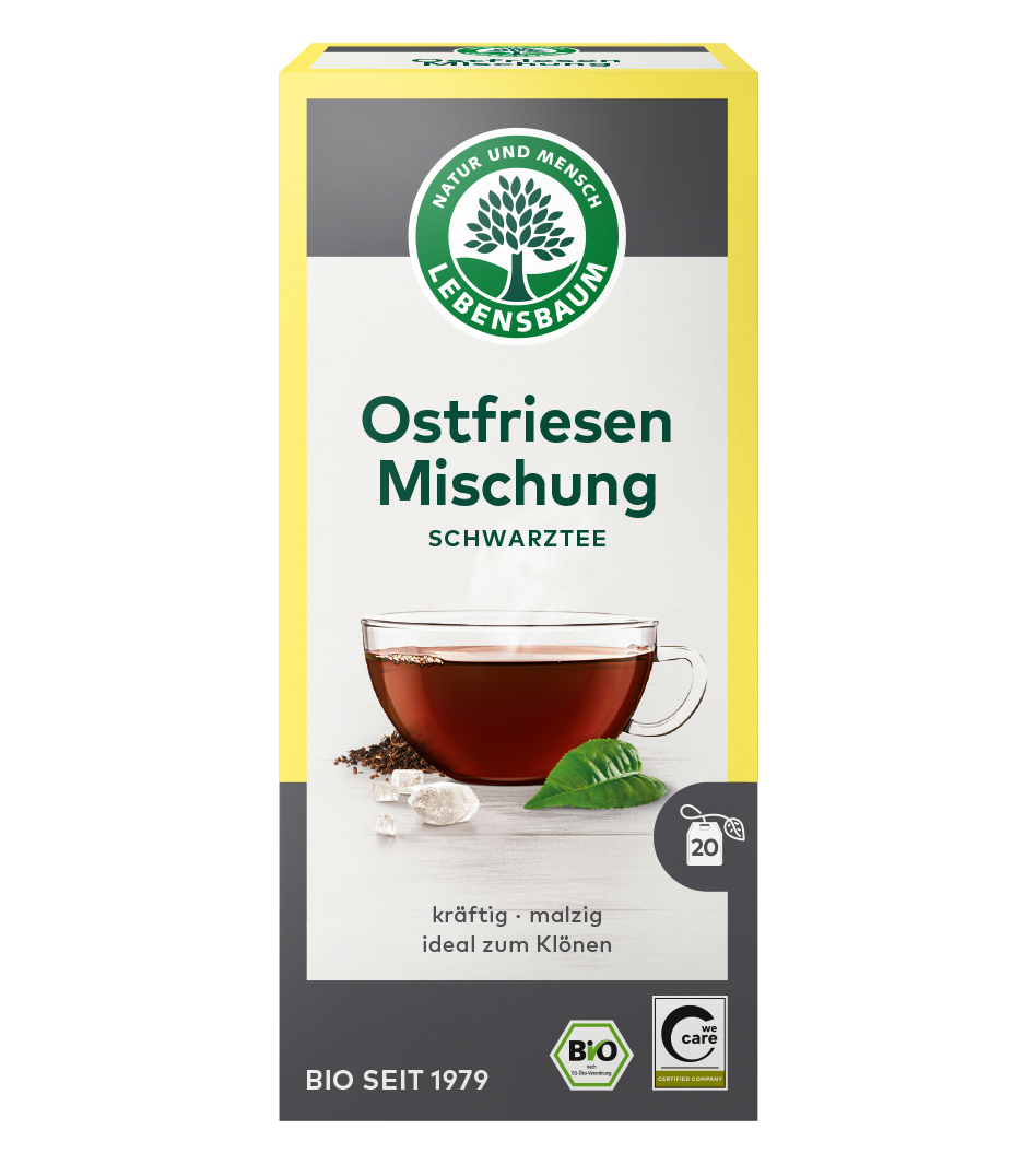 Lebensbaum Ostfriesen Mischung Schwarztee in gelber Packung mit Tasse heißem Tee, 20 Beutel, Bio-zertifiziert