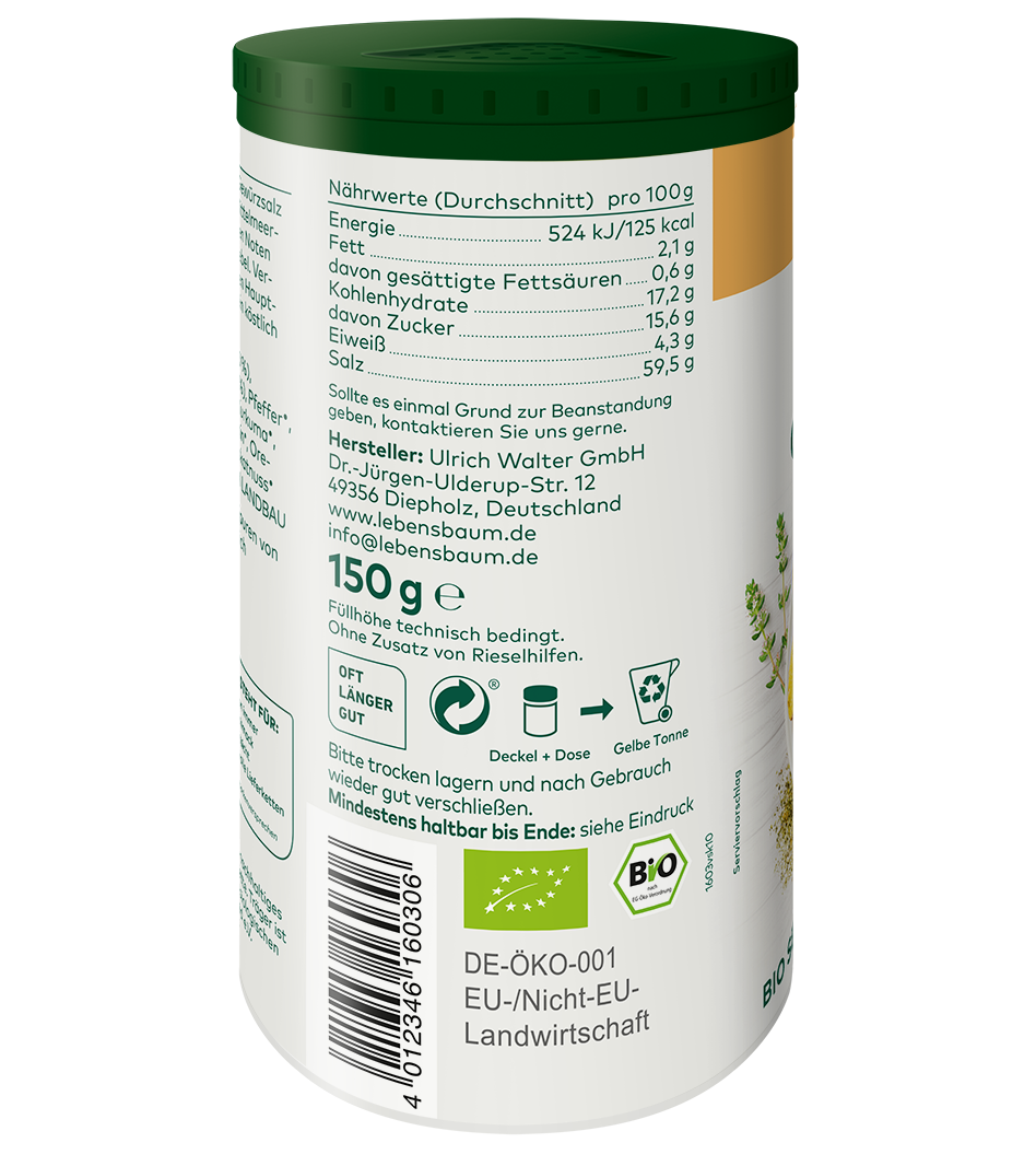 Bio-Kartoffelsalz 150g in weißer Dose mit grünem Deckel, Nährwertangaben und EU-Öko-Zertifikat