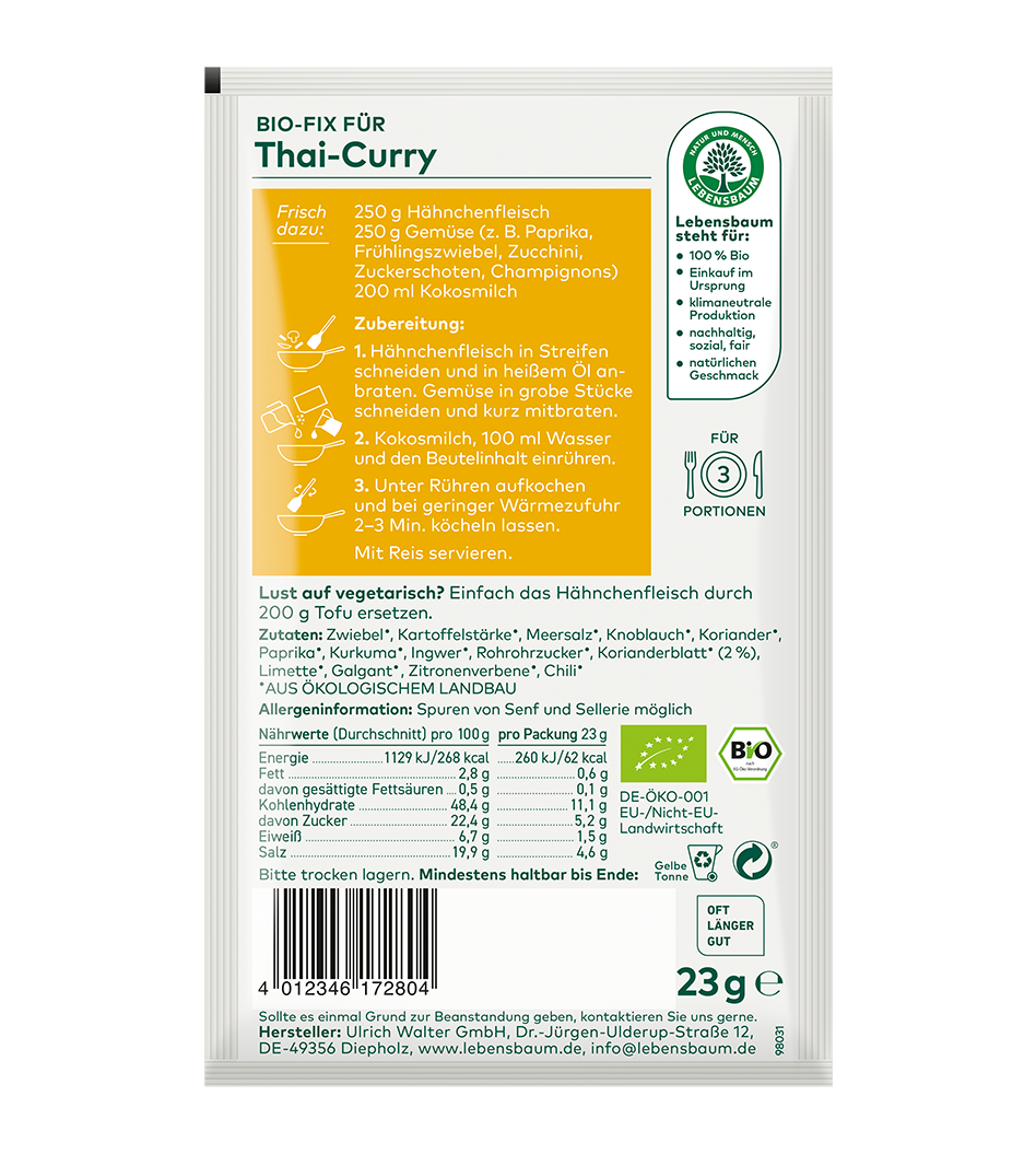 Bio-Fix für Thai-Curry von Lebensbaum, 23g Gewürzmischung mit Hähnchenfleischschnitzeln, Gemüse und Kokosmilch, für 3 Portionen