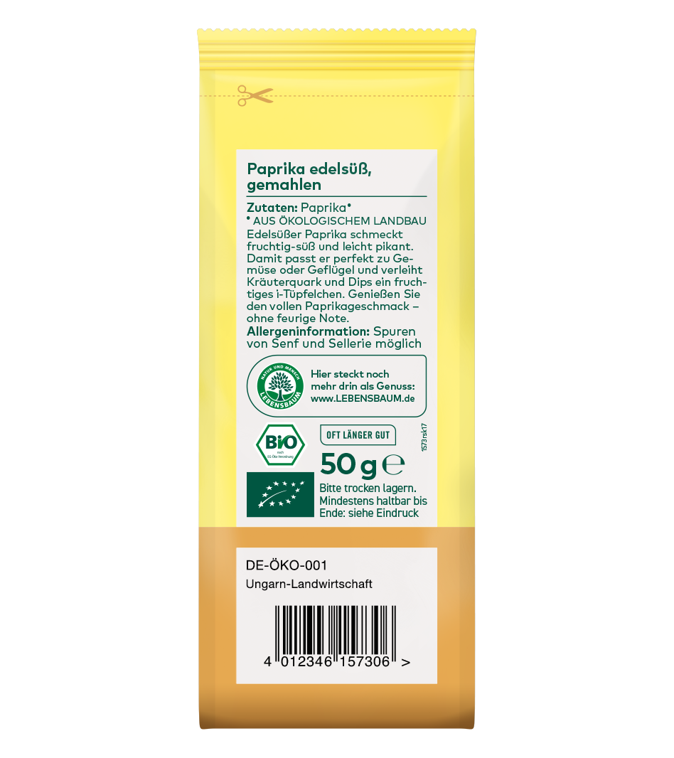 Bio Paprika edelsüß, gemahlen, 50g Packung in Gelb-Braun mit Bio-Siegel und EU-Öko-Label aus ungarischer Landwirtschaft.