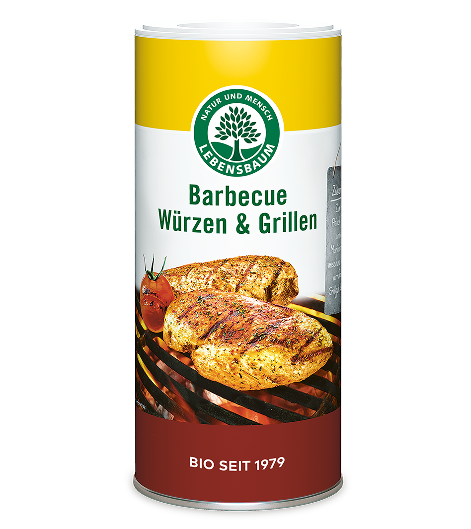Lebensbaum Barbecue Würzen & Grillen in gelb-weißer Dose mit gegrilltem Fleisch und Tomate, Bio seit 1979