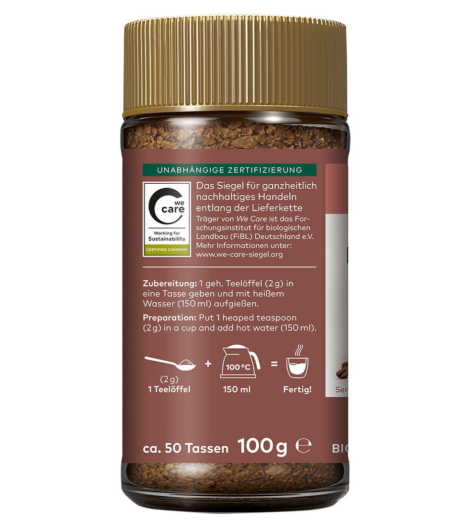 Instant Gourmet Kaffee, 100g Glas mit goldenem Schraubverschluss, Instantkaffee-Granulat sichtbar, We Care Nachhaltigkeitszertifikat