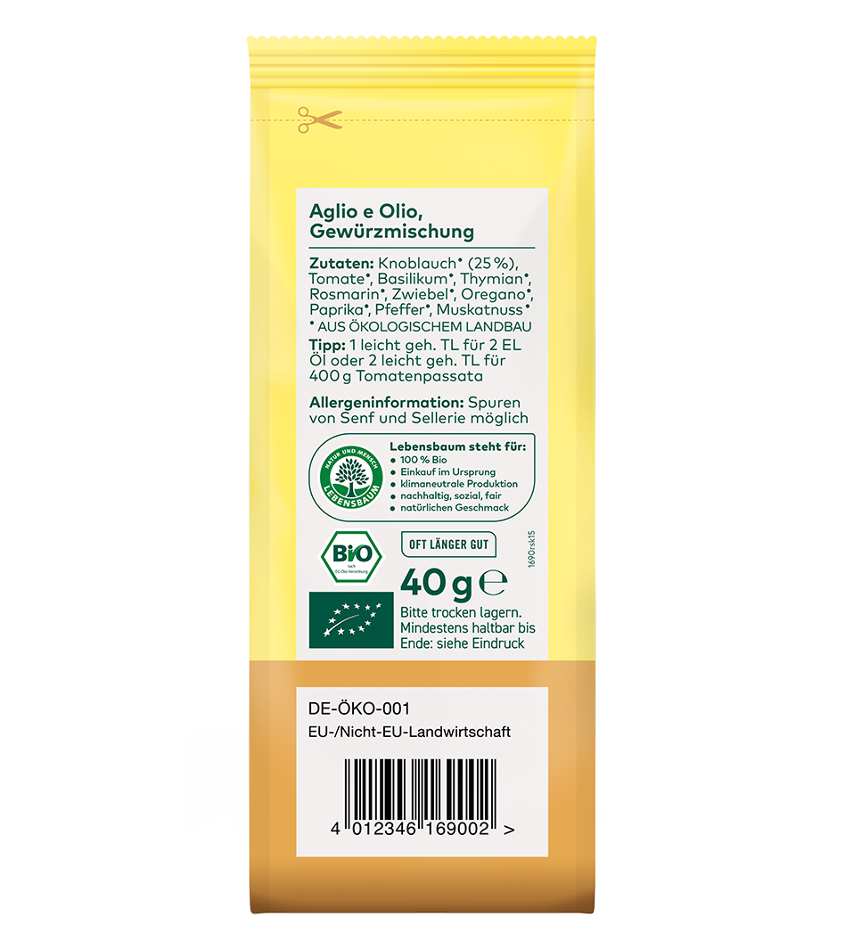 Bio-Gewürzmischung Aglio e Olio, 40g, gelbe Verpackung mit Bio-Zertifikat und Zutatenliste mit Knoblauch, Tomate und Kräutern.
