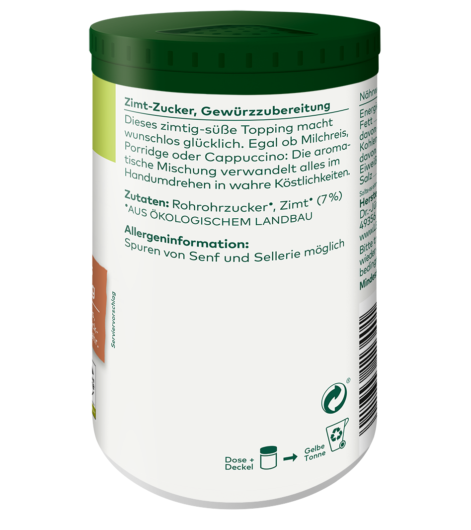 Zimt-Zucker Gewürzzubereitung in weißer Dose mit grünem Deckel, Bio-Qualität, 7% Zimt aus ökologischem Landbau.