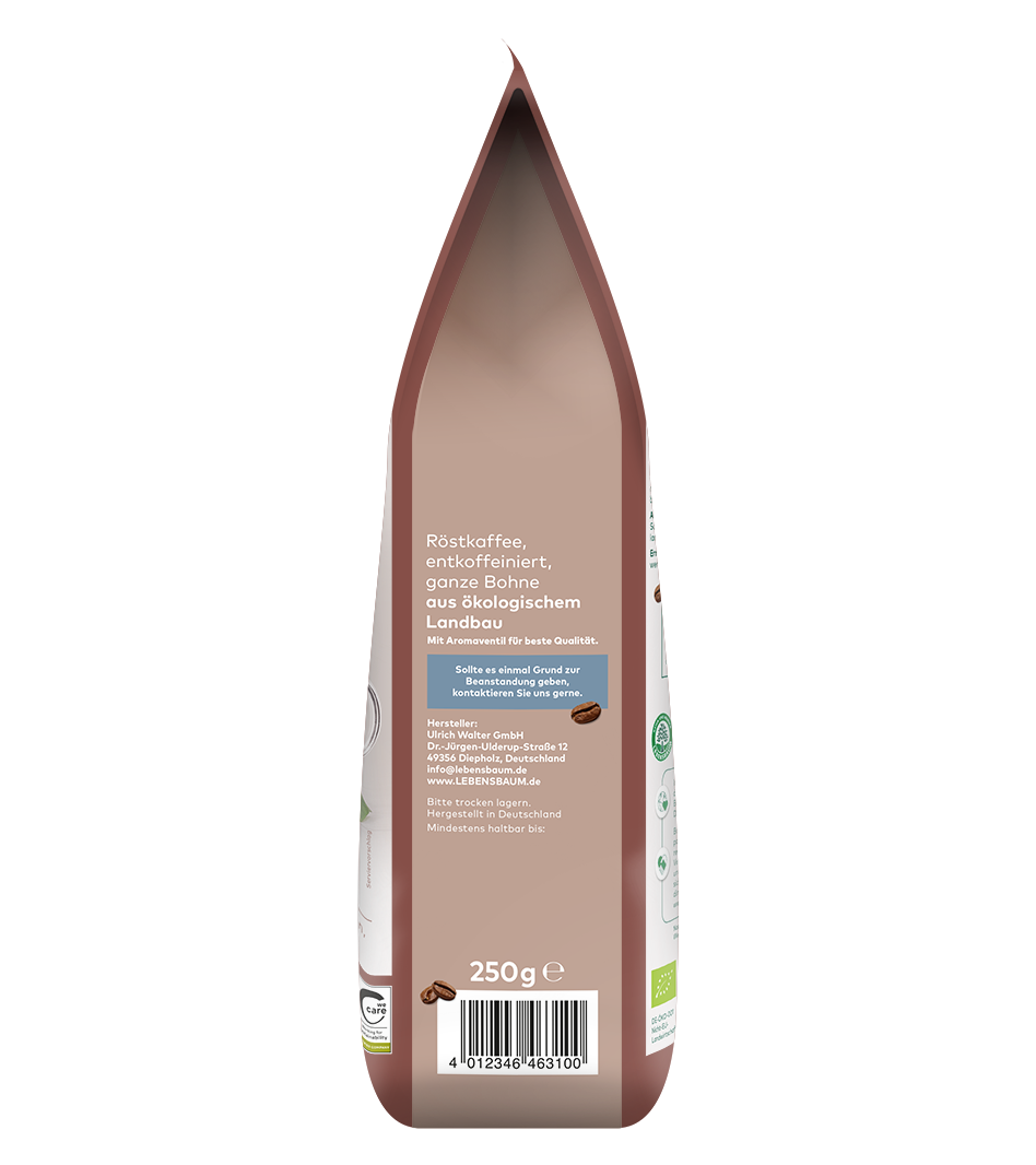Röstkaffee-Packung Gourmet entkoffeiniert, ganze Bohne, 250g, Bio-Qualität, braunes Design mit Kaffeebohnen-Motiv und Herstellerangaben.