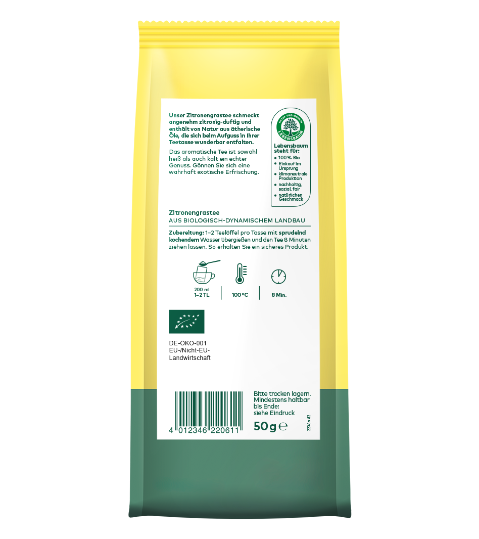 Gelb-grüne 50g Verpackung Zitronengrastee aus biologisch-dynamischem Landbau mit Lebensbaumlogo und Bio-Zertifikat.