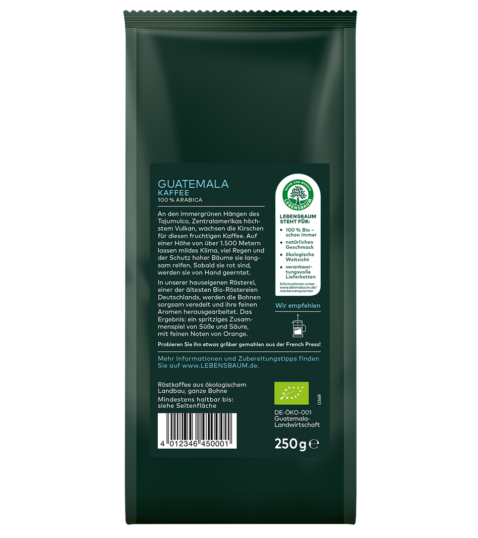 Guatemala Kaffee 100% Arabica Bio, 250g Packung in Dunkelgrün mit Lebenbaum-Zertifikat und Produktinformationen