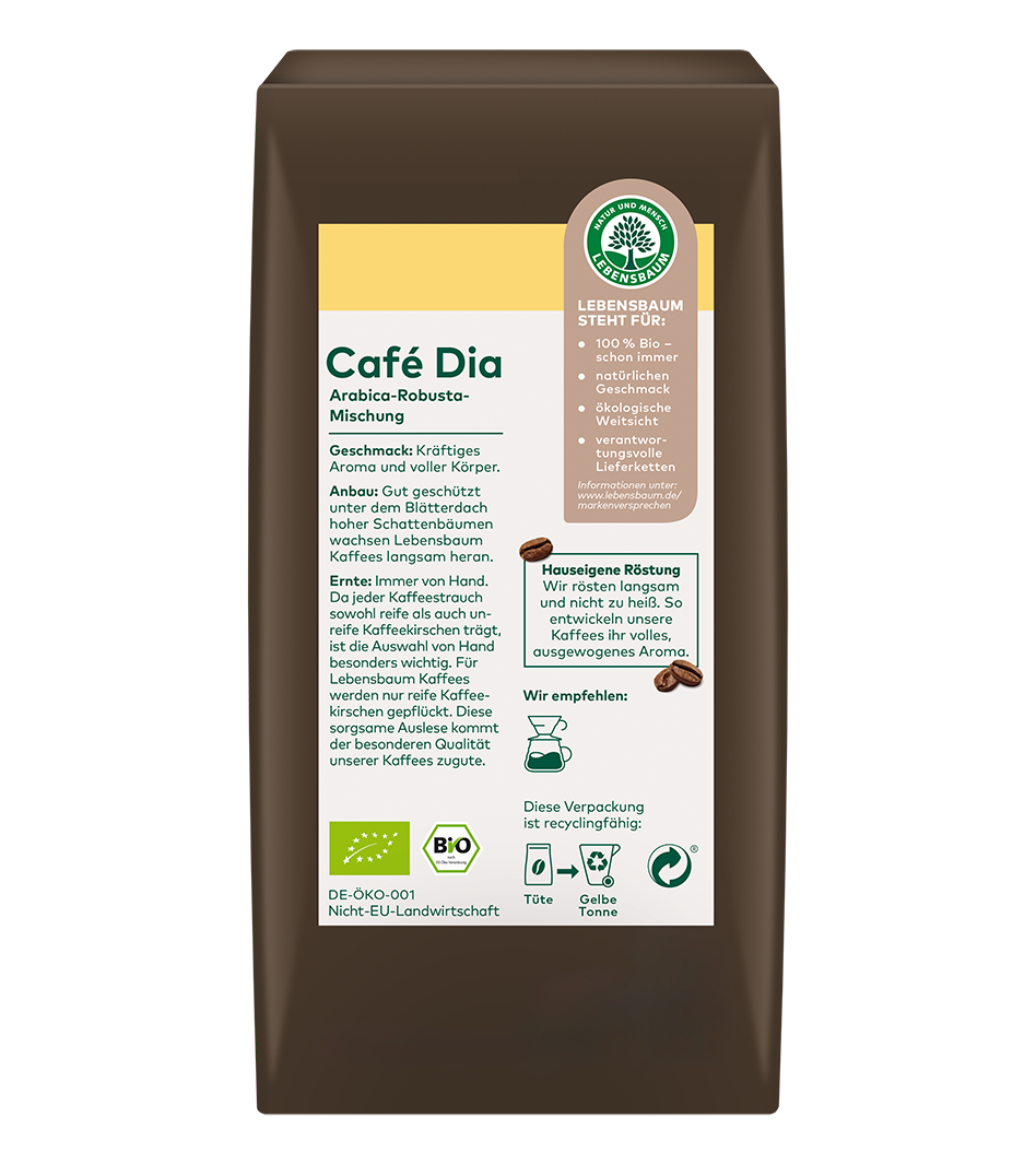 Café Dia Arabica-Robusta-Mischung in brauner Verpackung mit Bio-Zertifikat und Lebensbaumlogo, 100% Bio-Kaffee aus fairem Anbau.