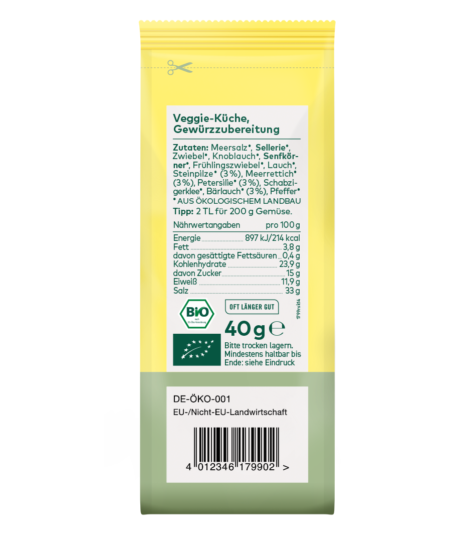 Gelbe Bio-Gewürzmischung "Veggie-Küche" 40g in Papierbeutel mit grünem Etikett, Zutatenliste und Öko-Zertifikat