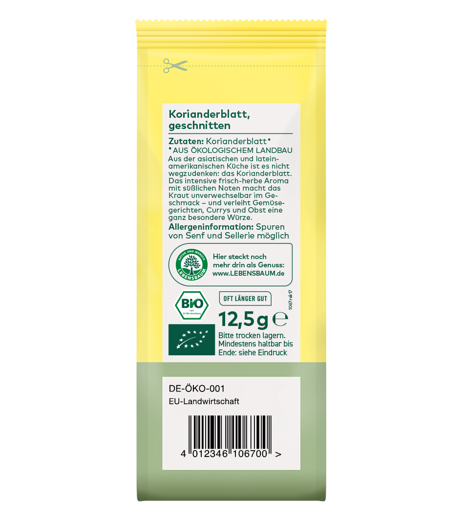 Bio-Korianderblatt geschnitten in gelb-grüner Verpackung, 12,5g, mit Bio-Siegel und EU-Öko-Zertifikat