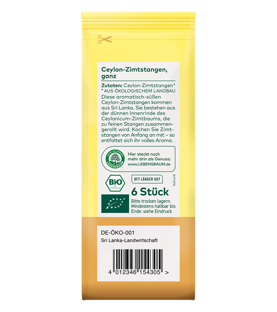 Ceylon-Zimtstangen ganz, Bio, 6 Stück in gelber Verpackung aus ökologischem Anbau aus Sri Lanka.