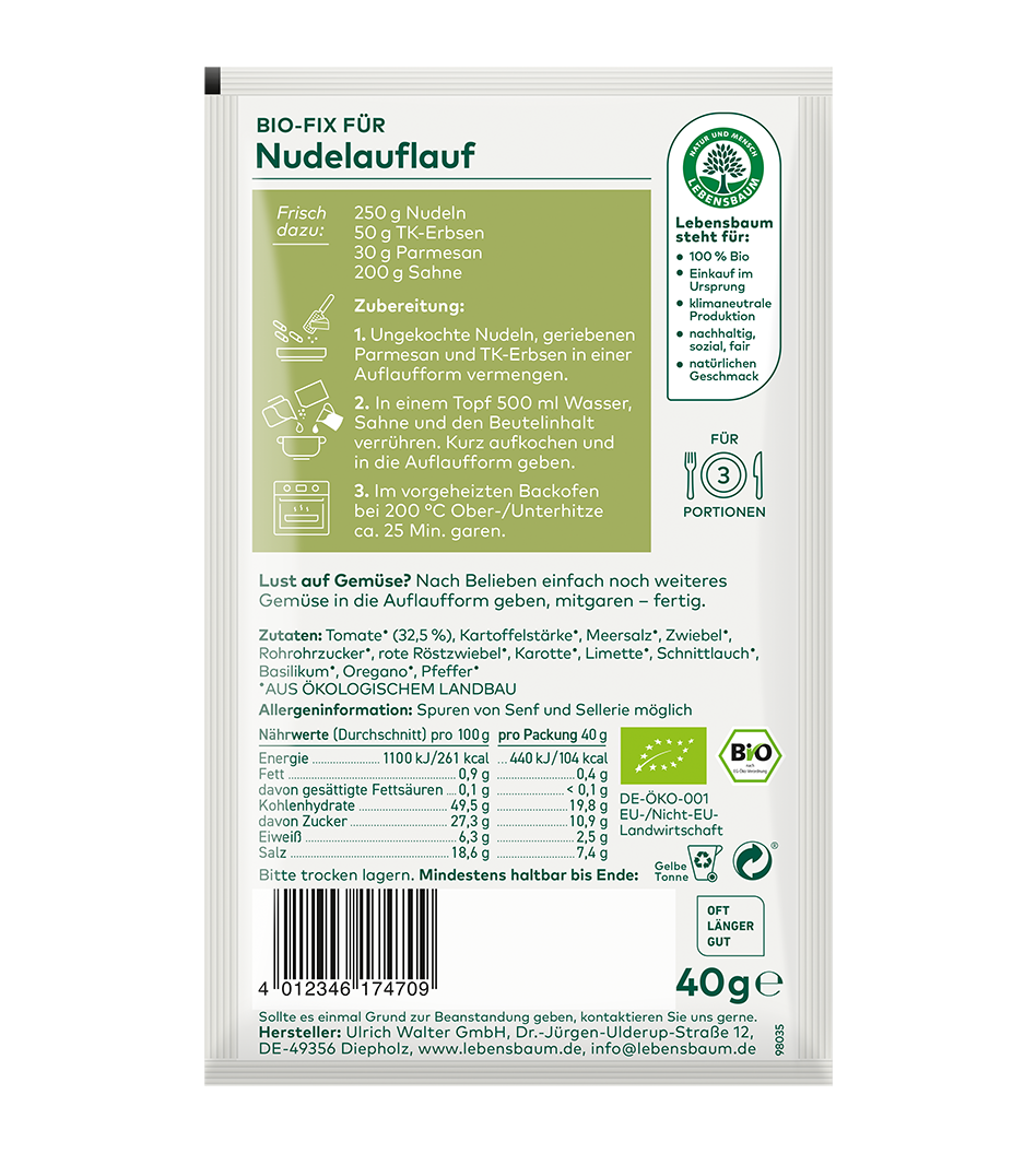 Bio-Fix für Nudelauflauf, 40g Packung von Lebensbaum, Zutatenmischung mit Nudeln, Erbsen und Parmesan, Bio-Zertifizierung, Zubereitung für 3 Portionen.