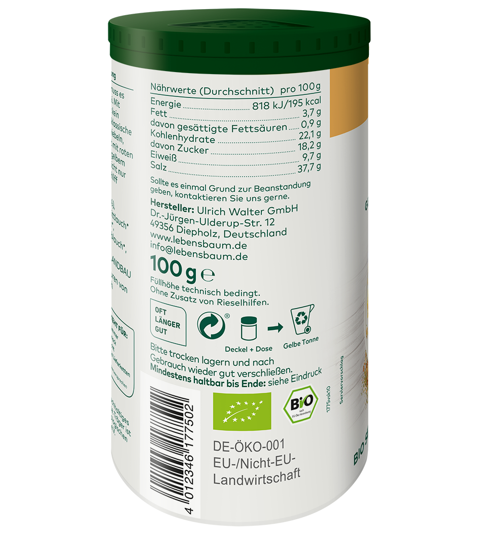 Bio-Speisesalz 100g in weißer Dose mit grünem Deckel, Nährwertangaben und DE-ÖKO-001 Zertifikat sichtbar.