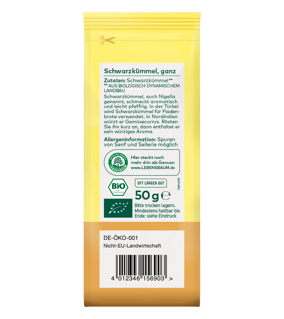 Bio Schwarzkümmel ganz, 50g, gelbe Verpackung mit weißem Etikett, Bio-Siegel und EU-Öko-Zertifikat
