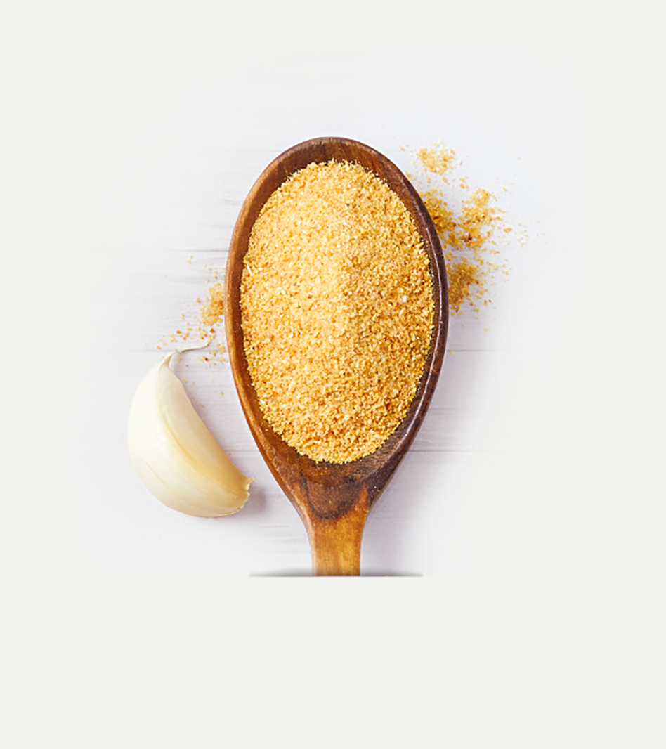 Knoblauch fein granuliert in Holzlöffel mit frischer Knoblauchzehe, gelbes Gewürzpulver