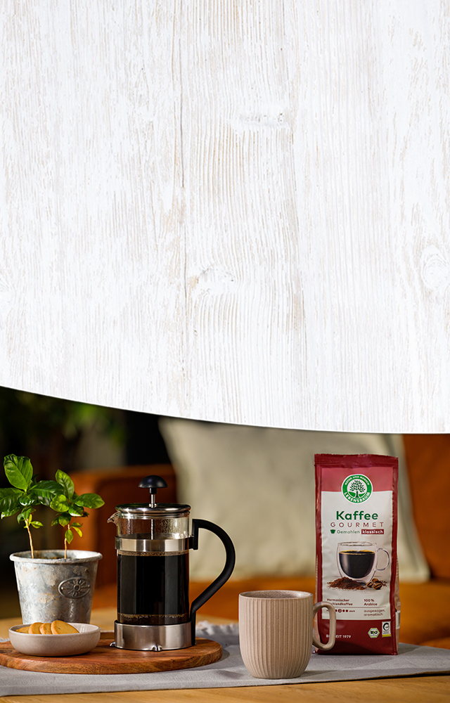 Kaffeezubereitung mit Gourmet-Kaffeepackung, Pressekannenset und Keramiktasse auf Holzuntergrund, daneben frische Minze