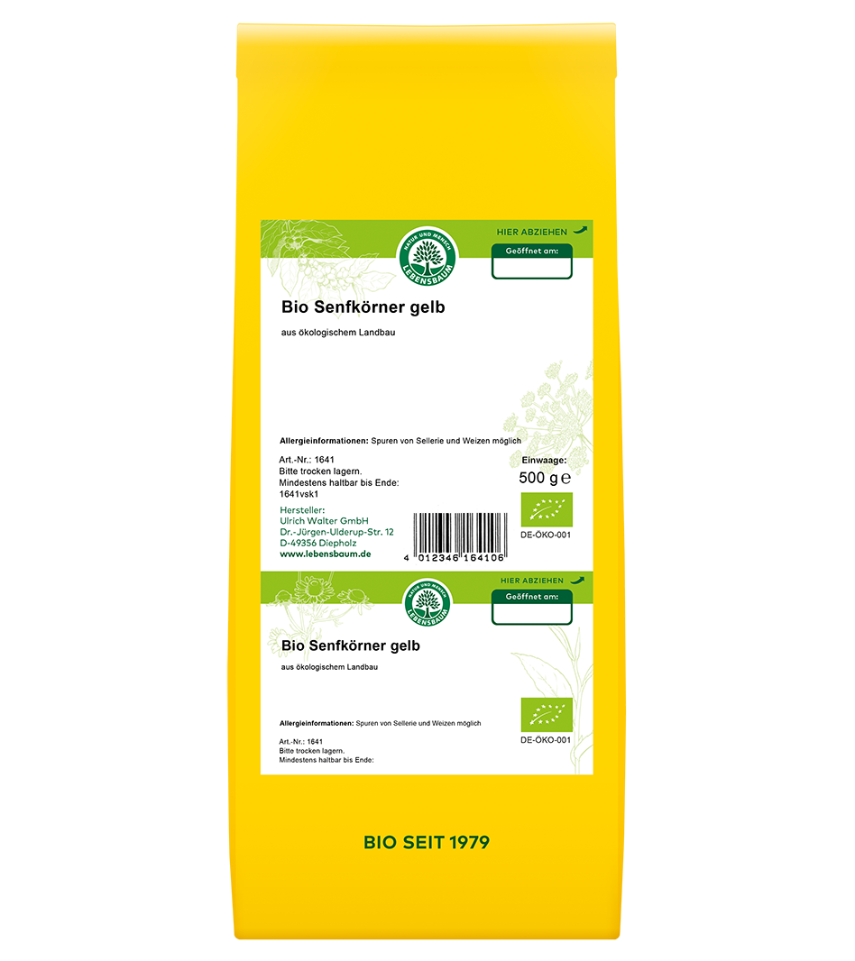 Bio Senfkörner gelb, 500g, aus ökologischem Anbau, gelbe Verpackung mit grünem Etikett und Bio-Siegel
