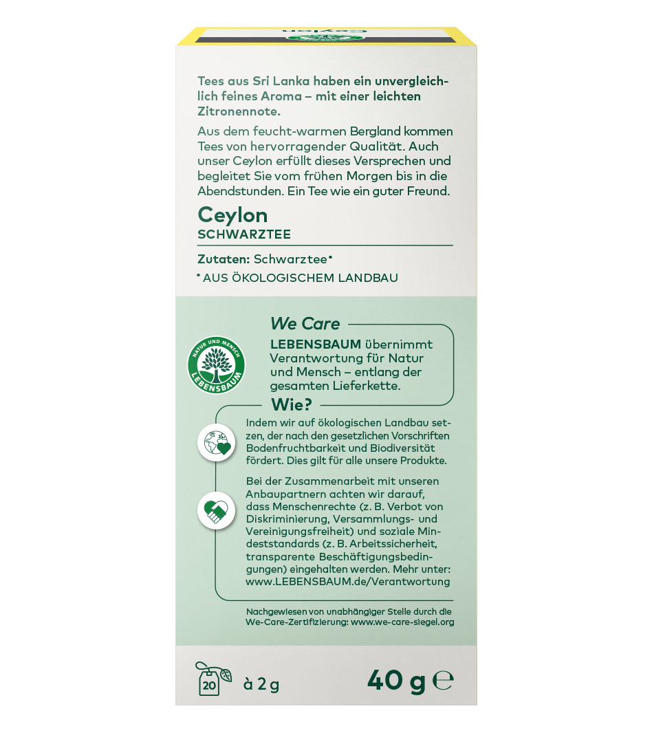 Ceylon Schwarztee aus Sri Lanka, 40g, Bio-Qualität, gelb-weiße Verpackung mit Produktinformationen und Lebensbaum We-Care-Zertifizierung.