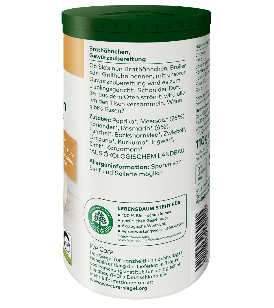 Gewürzmischung Brathähnchen in weißem Behälter mit grünem Deckel, 110g, Bio-Qualität, Inhaltsstoffe sichtbar.