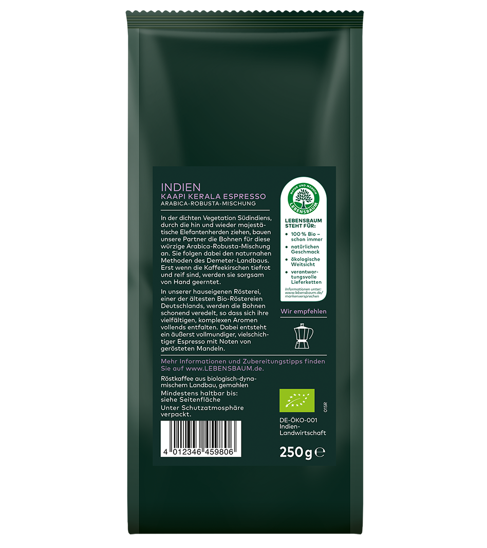 Lebensbaum Indien Kaapi Kerala Espresso, 250g Packung, Bio-Arabica-Robusta-Mischung, dunkelgrüne Verpackung mit Produktinformationen