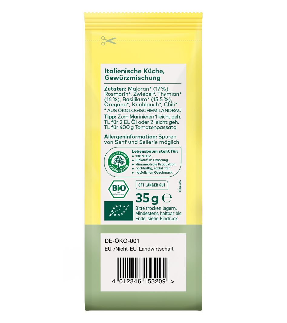 Bio-Gewürzmischung Italienische Küche, 35g, gelbe Verpackung mit grünem Etikett, Zutaten: Majoran, Rosmarin, Basilikum, Oregano.