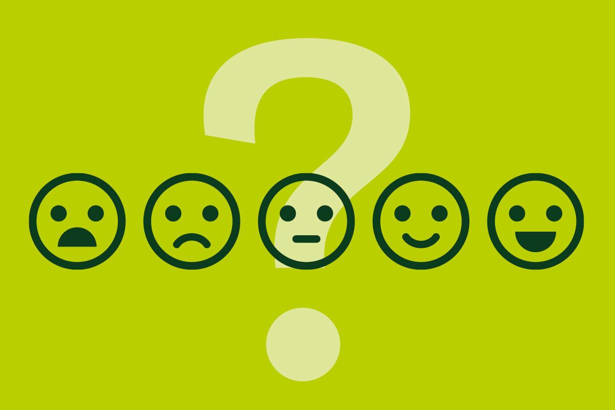 Bewertungsskala mit fünf Emoticons von traurig bis glücklich auf grünem Hintergrund mit Fragezeichen