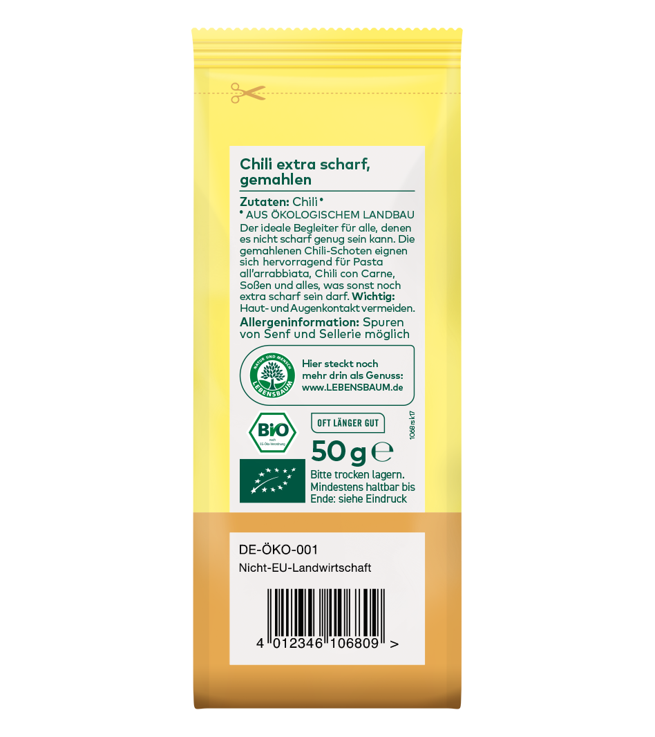 Bio Chili extra scharf, gemahlenes Pulver 50g in gelber Verpackung mit weißem Etikett und braunem Bodenetikett
