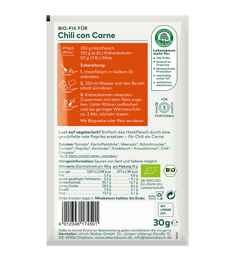 Bio-Fix Chili con Carne, 30g Gewürzmischung von Lebensbaum mit Zutaten wie Chili, Paprika und Koriander, Bio-Siegel