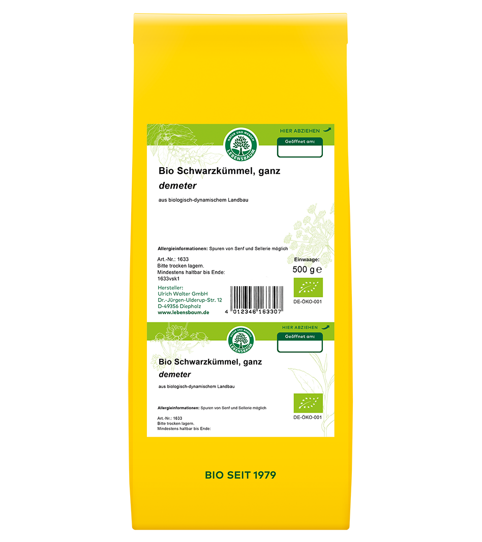 Bio Schwarzkümmel ganz, demeter, 500g Packung in Gelb von Lebensbaum, aus biologisch-dynamischem Anbau mit Bio-Zertifikat