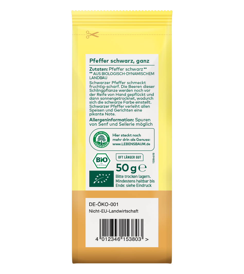 Bio Pfeffer schwarz, ganz, 50g, aus biologisch-dynamischem Anbau, gelbe Verpackung mit grünem Label und Barcode