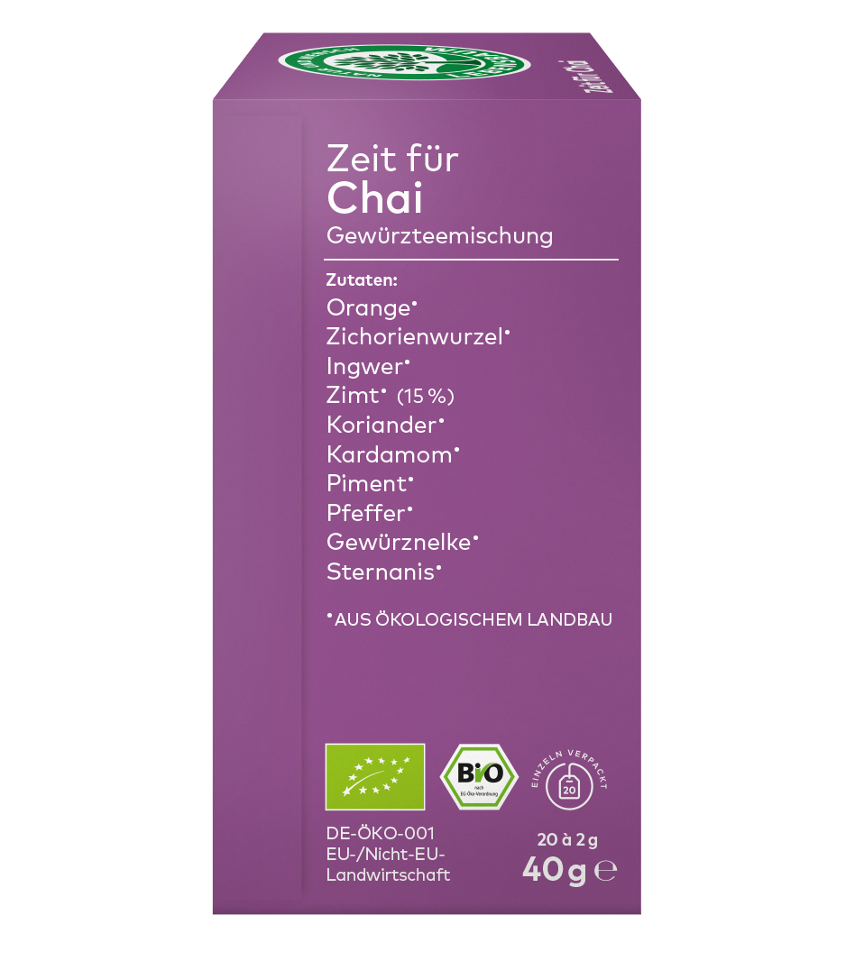 Zeit für Chai Bio-Gewürzteemischung, 40g Packung mit Orange, Zimt, Ingwer, Kardamom und weiteren Gewürzen auf lila Karton