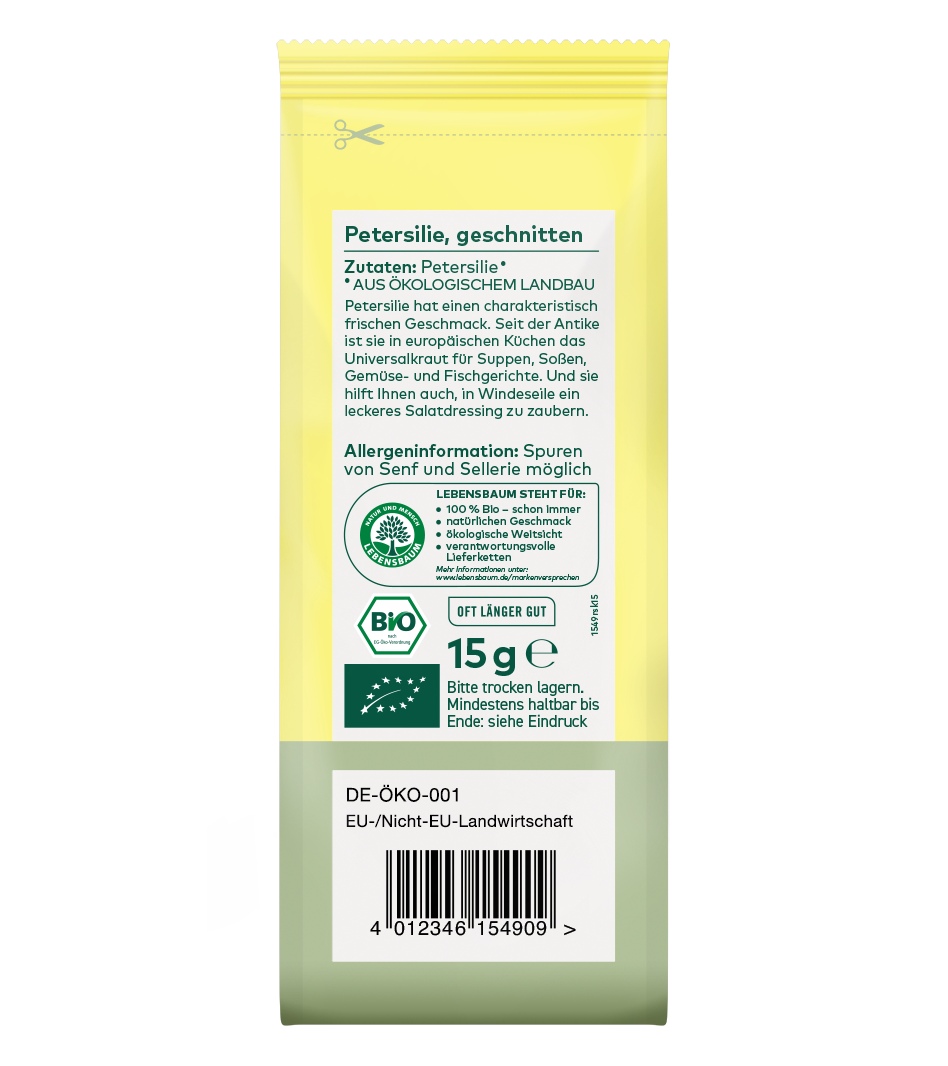 Gelbe Gewürzpackung mit geschnittener Bio-Petersilie, 15g, Lebensbaum-Zertifikat und EU-Biosiegel