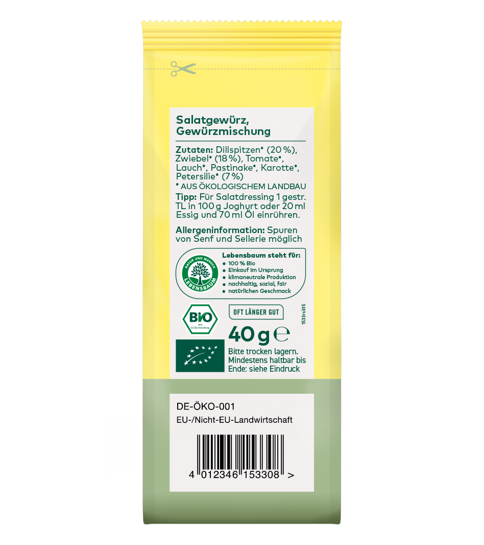 Bio-Salatgewürz-Mischung 40g in gelber Verpackung mit grünem Etikett, Zutaten und Öko-Zertifikat sichtbar.