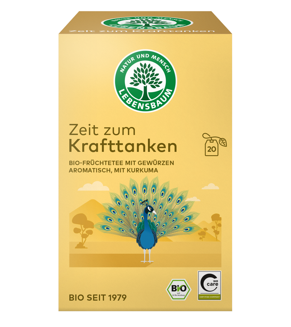 Lebensbaum "Zeit zum Krafttanken" Bio-Früchtetee mit Gewürzen und Kurkuma, 20 Teebeutel, gelbe Verpackung mit Pfau-Illustration.