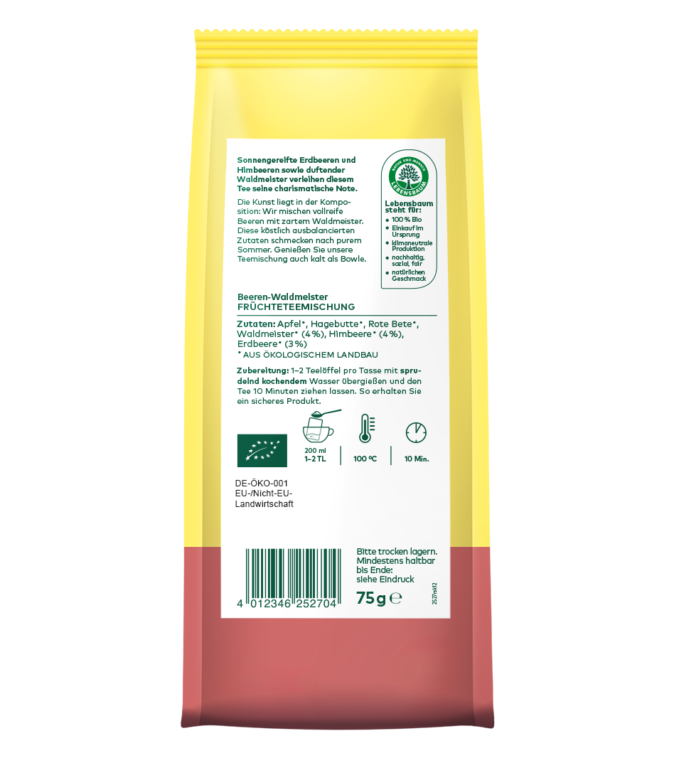 Gelbe Teepackung Beeren-Waldmeister Früchteemischung, 75g, Bio-zertifiziert, mit Apfel, Hagebutte und Himbeere, Aufbrühhinweise und Lebensbaumlogo sichtbar.