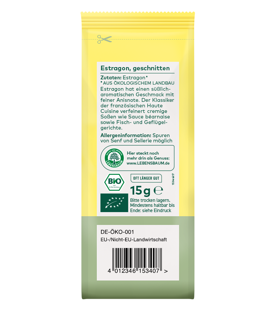 Bio Estragon geschnitten, 15g, gelbe Verpackung mit grünem Etikett und Bio-Zertifikat